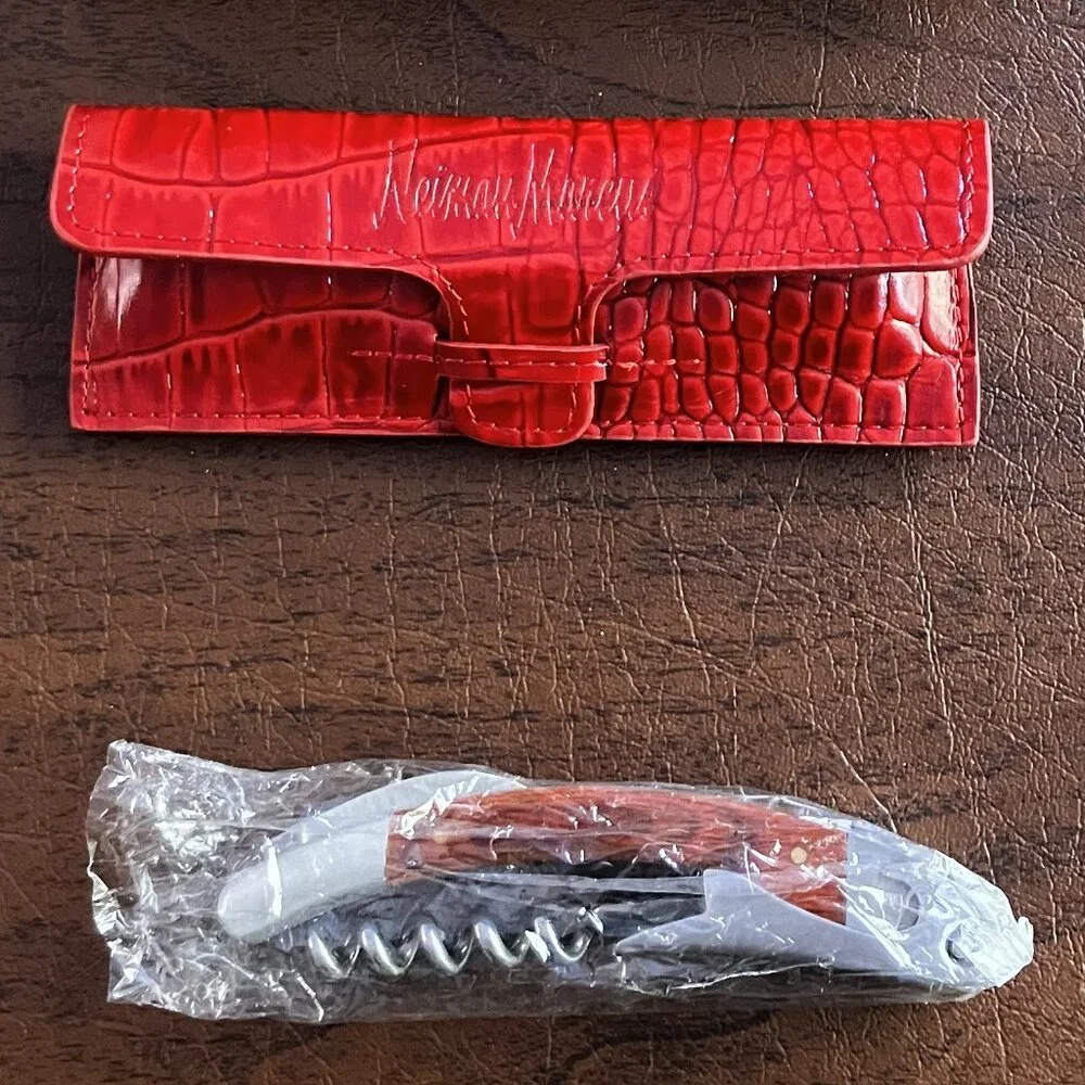 NIB Neiman Marcus Corkscrew and Bottle Opener in Red Leather Case